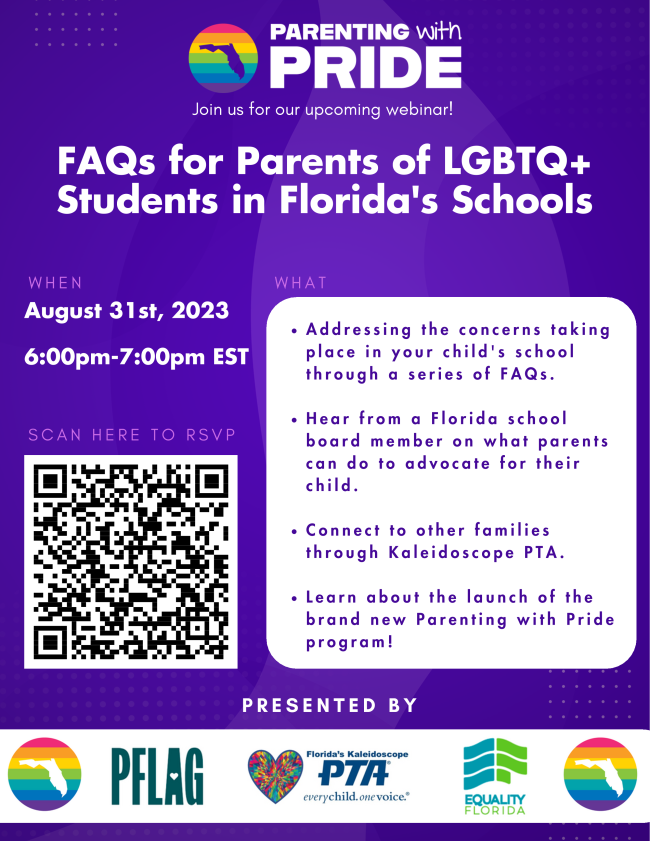 Parenting with Pride Poster of Event on Aug 31 at 6 PM via ZOOM.  Must RSVP.